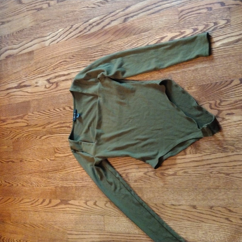 Forever 21 Olive Green Ribbed Bodysuit Long Sleeve Square Neck SIZE S
